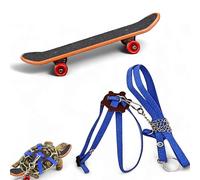 Tortoise Harness and Leash with Toy Skateboard for Turtle set, Funny Tortoise Skateboard and Adjustable Leather Harness Leash, Training Skateboard and Turtle Harness Leash Pet Tortoises Toys (Blue, S)