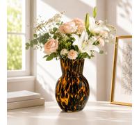 Tortoise Shell Glass Vase, Amber Brown Decorative Flower Vase with Unique Cheetah Leopard Texture, Wide Mouth Round Centerpiece for Fresh or Dried Flowers, Living Room, Dining Room, Entryway Decor