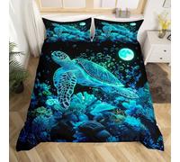 Tortoise Single Size Duvet Cover,Undersea Teal Coral Seaweed Bubbles Duvet Cover for Kids Teens All Season,Sea Turtle Ocean Marine Life Moon Glitter Bedding Set,No Comforter