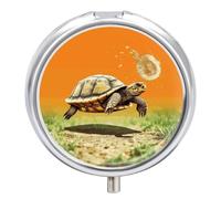 Tortoise Turtle Jumping Travel Pill Box Case 3 Compartment Cute Pill Organizer Metal Pill Holder with Mirror Small Medicine Organizer Daily Pill Container for Purse Pocket Portable Meds Box