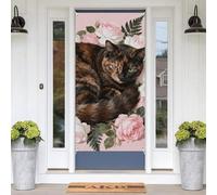 Tortoiseshell Cat in Roses Door Cover Decoration 35 * 70 In, Boho Colorful Landscape Door Curtains Banners Backdrop Background Doorway Decor for Indoor Outdoor Party Decorations