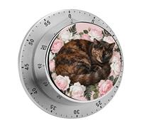 Tortoiseshell Cat in Roses Kitchen Timer 60 Minute Visual Wind Up Timers Indoor Mechanical Timers with Magnetic Base Stainless Steel Timer for Home Cooking Time Management Tool
