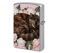 Tortoiseshell Cat in Roses Lighter Case Metal Double-Sided Lighter Cover Pocket Lighters Sleeve Windproof Lighters Accessories for Men Women