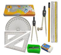 TORUS Maths Geometry Tin Box, 9Pcs Maths Compass Protractor Divider Ruler Squares Sharpener Eraser, Student Exam Instrument Set, iZOFAX Black Ball Pen