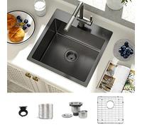 TORVA 18 x 18 Inch Gloss Black Drop-in Topmount Kitchen Sink, 16 Gauge Stainless Steel Ceramic Coating with NanoTek Topmount Single Bowl - 9 Inches Deep Bar/Prep Basin, Black