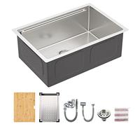 TORVA 26-Inch Workstation Undermount Single Bowl Kitchen Sink - 16 Gauge Stainless Steel, NanoTek Sink with Bamboo Cutting Board and Drain Tray, 66 x 45 x 23 cm
