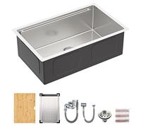 TORVA 30-Inch Workstation Undermount Single Bowl Kitchen Sink - 16 Gauge Stainless Steel, NanoTek Sink with Bamboo Cutting Board and Drain Tray, 76 x 45 x 23 cm