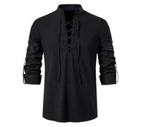 TORVAULT Men's Cotton Shirt Long Sleeve Shirt Medieval Viking Tops Pirate Renaissance Halloween Costume Black