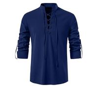 TORVAULT Men's Cotton Shirt Long Sleeve Shirt Medieval Viking Tops Pirate Renaissance Halloween Costume Navy Blue