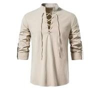 TORVAULT Men's Cotton Shirt Long Sleeve Shirt Medieval Viking Tops Pirate Renaissance Halloween Costume Khaki