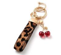 Torvyn Leopard Print PU Leather Wrist Keyring with Red Cherry Charm | Car Keyring with PU leather strap cute charm and metal ring claspfor bags,purses and everyday carry