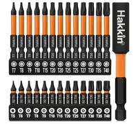 Torx Bit Set Hakkin 27Pcs Torx Screwdriver Sets S2 Steel Tamper Proof Torx Bits 1/4” Hex Shank 25mm 60mm Magnetic Star Security Bits with 75mm Bit Extension Holder for Screwdriver, Impact Drill T5-T40
