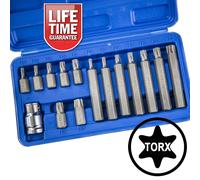 Torx Star Bit Set. 14 Torx Bits T20-T55 & half inch drive adaptor (BlueSpot)