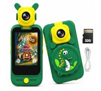 TOSBARRFT Kids Phone, Flip Camera & Microscope Gift for Ages 3-8 Green Dinosaur, 2.8-inch Touchscreen, 32GB Included, About 2.5h Continuous use with Screen + All 6 Lights on(Green)