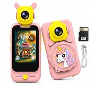 TOSBARRFT Kids Phone, Flip Camera & Microscope Gift for Ages 3-8 Green Dinosaur, 2.8-inch Touchscreen, 32GB Included, About 2.5h Continuous use with Screen + All 6 Lights on(Pink)