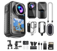 TOSBARRFT Mini 4K Dual Touch Screen Action Camera 64G Magnetic Mount 130° Wide Angle Waterproof Pre-Recording WiFi Control Portable POV Camera for Motorcycle Cycling Skiing Swimming