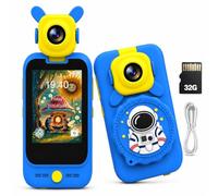 TOSBARRT Kids Phone, Flip Camera & Microscope Gift for Ages 3-8 Blue Astronaut, 2.8-inch Touchscreen, 32GB Included, About 2.5h Continuous use with Screen + All 6 Lights on(Blue)