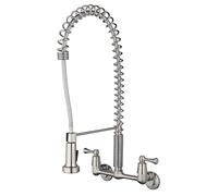 tosca 255-K821-SS-T Upgraded Dual Handle Commercial Style Wall Mount Kitchen Faucet with Pull Down Nozzle, Stainless Steel
