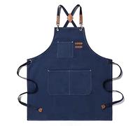 Tosewever Canvas Cross Back Chef Cotton Aprons for Men Women with Large Pockets, Blue, Medium