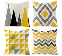 Tosewever Set of 4 Decorative Geometric Yellow Grey 18 x 18 Inches Throw Pillow Covers - Modern Pattern Linen Square Pillow Cushion Case for Sofa Couch Bed Home Decor Outdoor (18" x 18", Yellow/Gray)