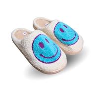 TOSH Ladies Mule Slippers Happy Face Smile Warm Lined Cushioned Padded Flat Slip Ons (Blue Face, UK Footwear Size System, Adult, Women, Numeric, Medium, 4)