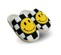 TOSH Ladies Mule Slippers Happy Face Smile Warm Lined Cushioned Padded Flat Slip Ons (Checkered, UK Footwear Size System, Adult, Women, Numeric, Medium, 3)