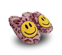 TOSH Ladies Mule Slippers Happy Face Smile Warm Lined Cushioned Padded Flat Slip Ons (Pink Leopard, UK Footwear Size System, Adult, Women, Numeric, Medium, 3)