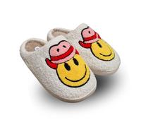 TOSH Ladies Mule Slippers Happy Face Smile Warm Lined Cushioned Padded Flat Slip Ons (White Cowboy, UK Footwear Size System, Adult, Women, Numeric, Medium, 3)