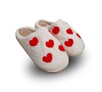 TOSH Ladies Mule Slippers Happy Face Smile Warm Lined Cushioned Padded Flat Slip Ons (White Red Love Hearts, UK Footwear Size System, Adult, Women, Numeric, Medium, 8)