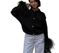 TOSHIKII Women's Feather Cuff Button Sweater Trendy Chic Long Sleeve Feather Cardigan Sweater Tops