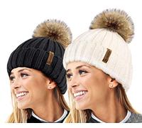 TOSKATOK 2 Pack Womens Warm Winter Hat Woolly Knitted Beanie with Detachable Chunky Faux Fur Bobble Pom Pom-Black-Cream