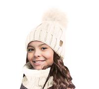 TOSKATOK Kids Girls Winter Rib Seed Stitch Thermal Warm Cosy Fleece Lined Neck Warmer Snood Scarf with Hat Set-CREAM-SET