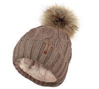 TOSKATOK Ladies Chunky Soft Cable Knit Hat with Cosy Fleece Liner and Detachable Faux Fur Pompom-Taupe
