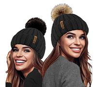 TOSKATOK® Ladies Girls Chunky 3 in 1 Rib Beanie Hat with 2 Interchangeable Large Faux Fur Pompoms Black