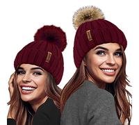 TOSKATOK Ladies Girls Chunky 3 in 1 Rib Beanie Hat with 2 Interchangeable Large Faux Fur Pompoms-Burg Burgundy