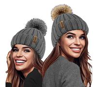 TOSKATOK® Ladies Girls Chunky 3 in 1 Rib Beanie Hat with 2 Interchangeable Large Faux Fur Pompoms-Grey