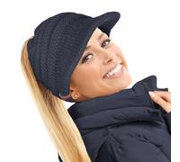 TOSKATOK Ladies Slouchy Peaked Ponytail Messy Bun Beanie Hat Cap-Navy