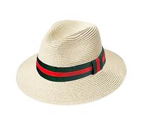 TOSKATOK Ladies Straw Panama Fedora Sun Hat with Contrast Band-Green/RED