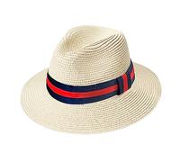TOSKATOK Ladies Straw Panama Fedora Sun Hat with Contrast Band-Navy/RED