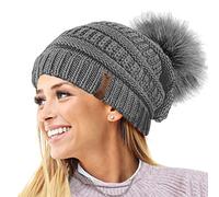 TOSKATOK® Ladies Textured Knit Beanie Hat with Detachable Faux Fur Pom Pom - Buy with 1 2 Pom Poms… Light Grey