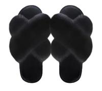 TOSKATOK Ladies Warm Cross Band Slippers Soft Faux Rabbit Fur Plush Furry Cosy Open Toe House Shoes Indoor Outdoor Comfy Slip On Breathable-BLACK-S
