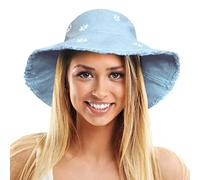 TOSKATOK Ladies Womens UPF 50+ Soft Washed Cotton Bucket Sun hat with Embroidered Daisy Motifs, Shapeable Brim and Frayed Edge-1 Blue