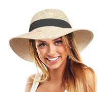 TOSKATOK Women's Straw Sun Beach Hat UPF 50+ Protects from UV Rays, Wide Brim, Packable for Travel and Holidays-Cream