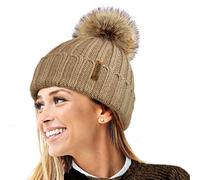 TOSKATOK®Womens Warm Winter Hat Woolly Knitted Beanie with Detachable Chunky Faux Fur Bobble Pom Pom-Camel