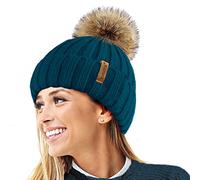TOSKATOK®Womens Warm Winter Hat Woolly Knitted Beanie with Detachable Chunky Faux Fur Bobble Pom Pom-Teal