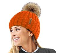 TOSKATOK®Womens Warm Winter Hat Woolly Knitted Beanie with Detachable Chunky Faux Fur Bobble Pom Pom-Orange