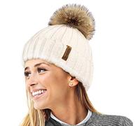 TOSKATOK®Womens Warm Winter Hat Woolly Knitted Beanie with Detachable Chunky Faux Fur Bobble Pom Pom-Cream