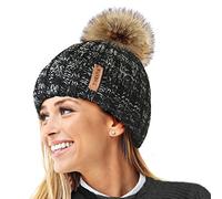 TOSKATOK®Womens Warm Winter Hat Woolly Knitted Beanie with Detachable Chunky Faux Fur Bobble Pom Pom-BLK/Grey Mix