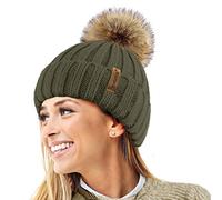 TOSKATOK®Womens Warm Winter Hat Woolly Knitted Beanie with Detachable Chunky Faux Fur Bobble Pom Pom-Olive