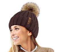 TOSKATOK®Womens Warm Winter Hat Woolly Knitted Beanie with Detachable Chunky Faux Fur Bobble Pom Pom-Choc Chocolate